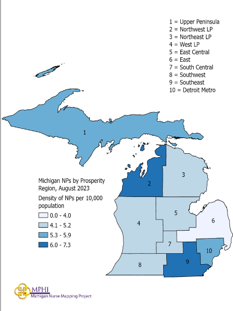 Michigan map of NPs by prosperity region in 2023